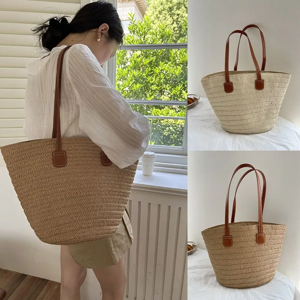 

Trendy Summer Straw Weave Bag Beach Vacation Basket Shoulder Bag Casual Leisure Women's Tote Bag Travel