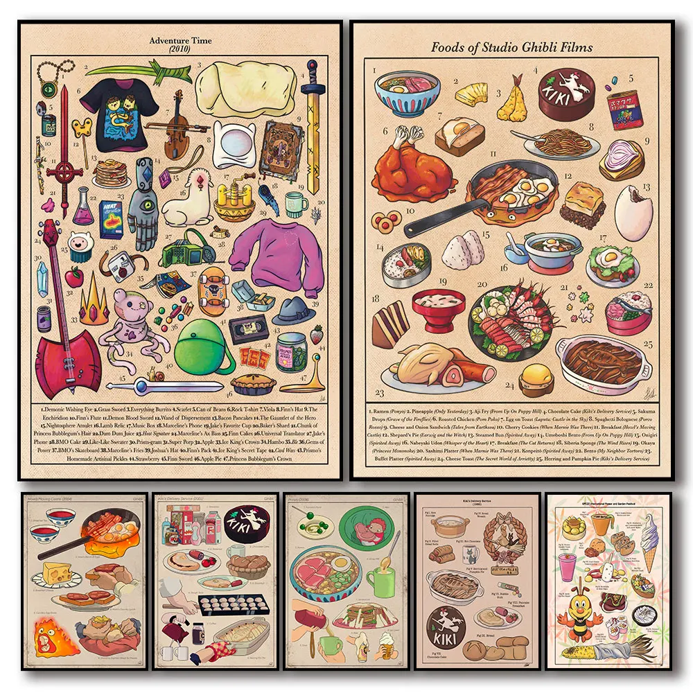 Affiche sur toile sur le thème de la cuisine japonaise Studio Ghibli : Ramen, thon, toast – Impressions décoratives murales pour cuisine