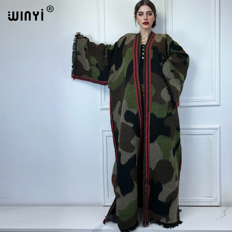 WINYI camouflage colour African women winter kimono long sleeve OverCoat abaya dubai luxury Open Front Long Cardigan party dress