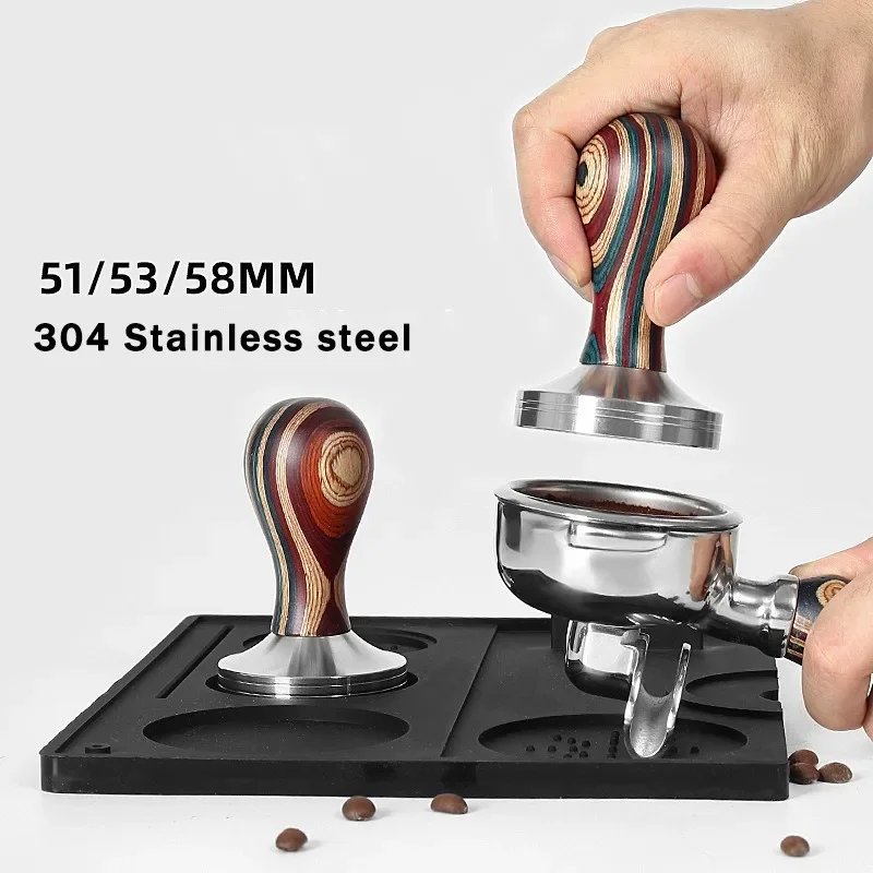 51/53/58mm 304 Stainless Steel Coffee Tamper Threaded Wooden Handle Powder Hammer Coffee Machine Handle Powder Distributor Set