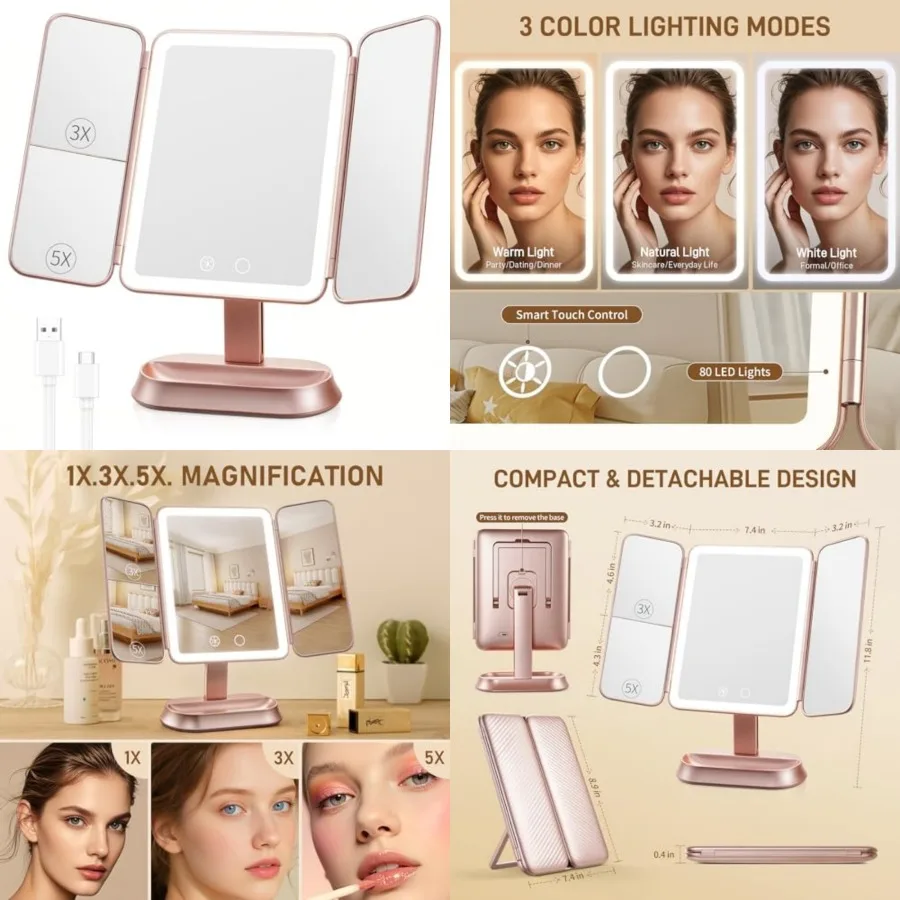 

Lighted Makeup Mirror with 1X/3X/5X Magnification, Elegant Trifold Vanity Mirror, Smart Touch and Sensor, 3 Lighting Modes, Rec