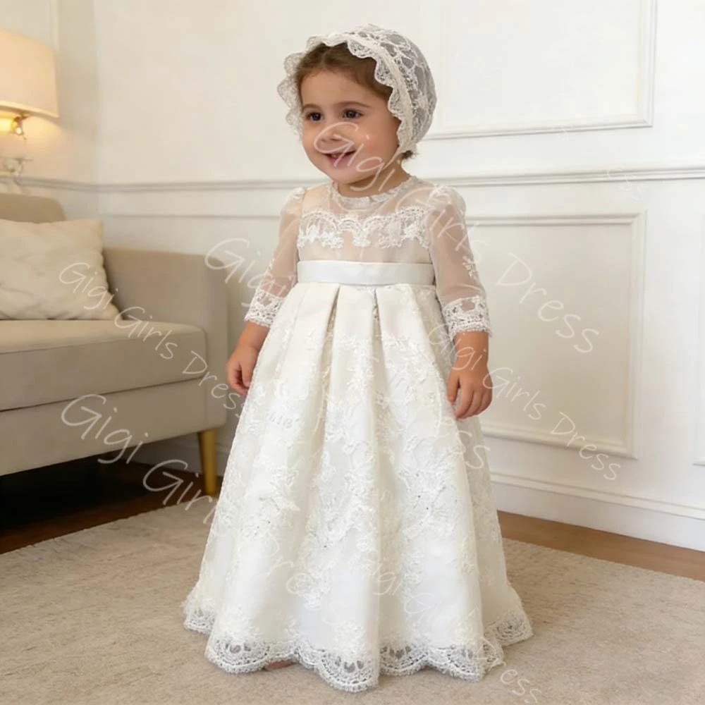 Baby Girls Christening Dress Toddlers Beaded Lace Baptism Dress with Bonnet Infants Full Sleeve Customized Flower Girl Dress