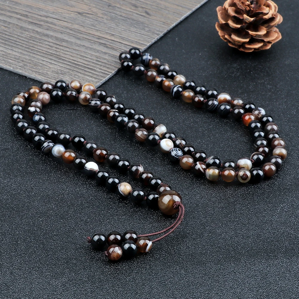 Black Agates Men Necklaces Fashion 108 Mala Beads Handmade Elastic Rope 6mm Natural Stone Bracelets Women Yoga Energy Jewelry