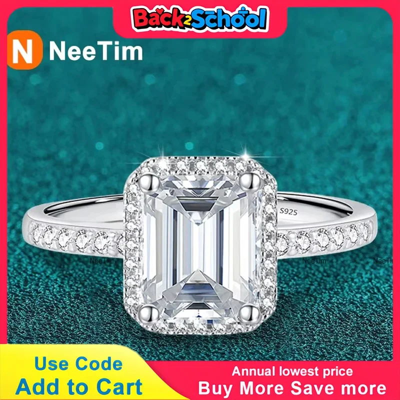 

NeeTim 1ct 2ct Moissanite Ring for Women Emerald Radiant Cut Lab Diamond Rings Sterling Silver 925 with Gold Plated Wedding Band