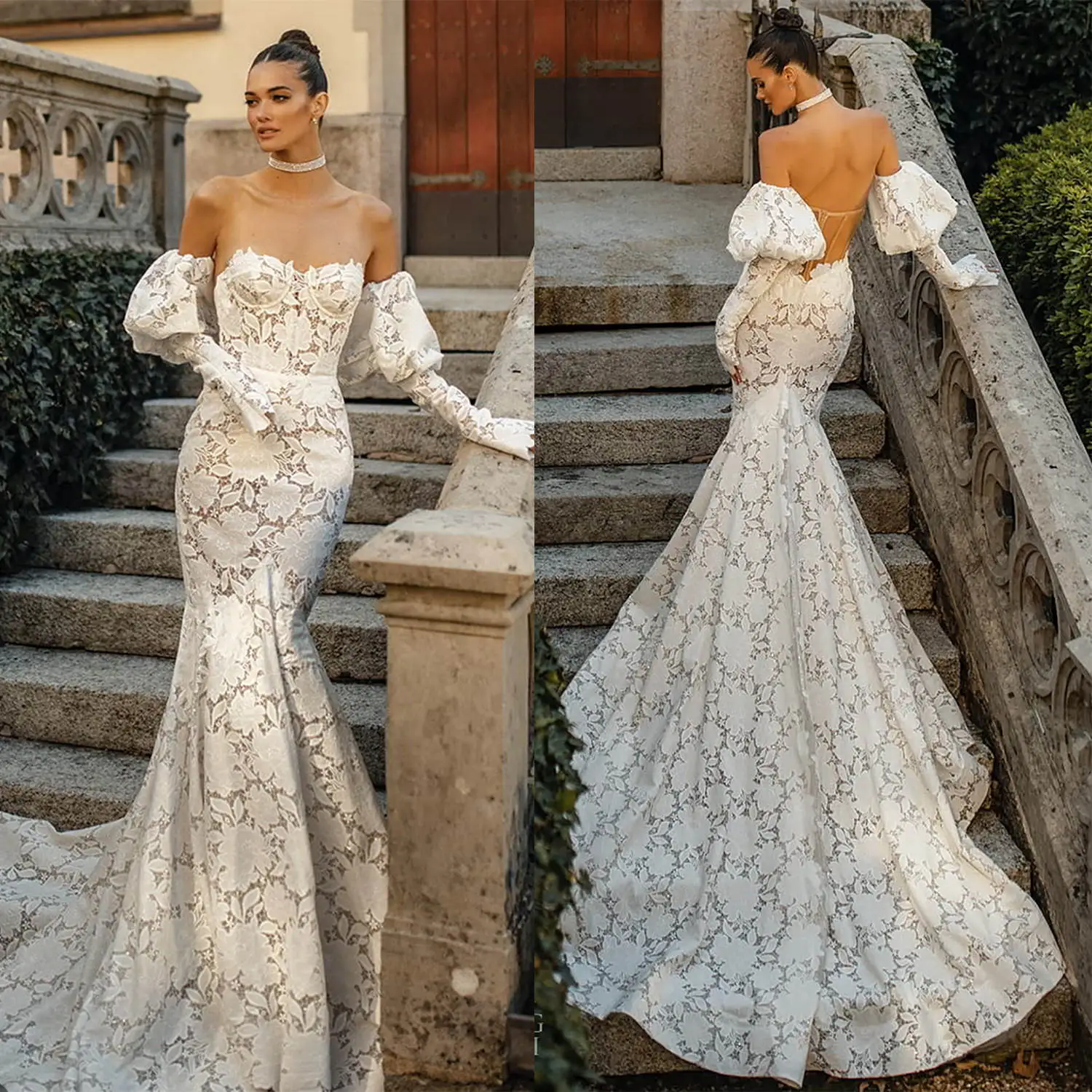 

Unique Mermaid Gown Wedding Dresses Appliques Pattern Lace Bridal Gowns Big Size Strapless Vestidos De Novia Custom Size Colour