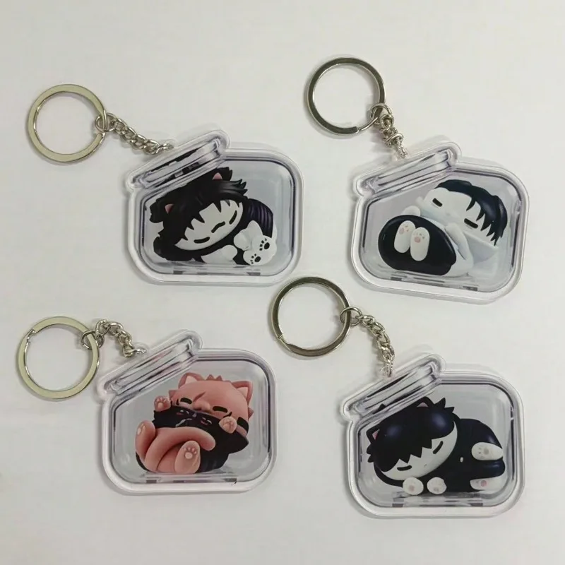 4pcs Cute Jujutsu Kaisen Mega Cat Keychain Good Night Nyanko Bottle Pendant Gojo Geto Fushiguro Anime Figure Bag Charm Fans Gift