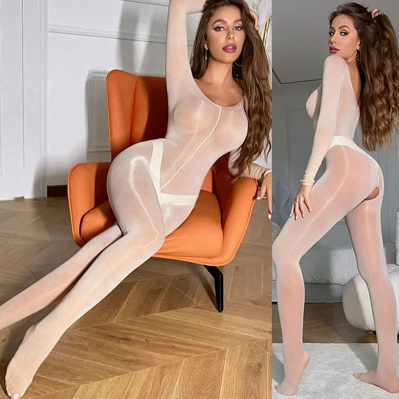 Body brillante con entrepierna abierta para mujer, lencería Sexy, medias sin entrepierna, disfraz porno, mono brillante, ropa interior transparente, nuevo