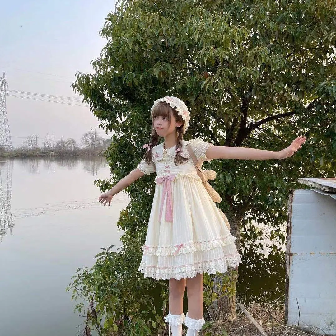 ฤดูร้อนญี่ปุ่นหวาน Lolita เสื้อผู้หญิง Peter Pan ปลอกคอเสื้อพัฟแขนสั้นเสื้อลําลองน่ารัก Kawaii สาว