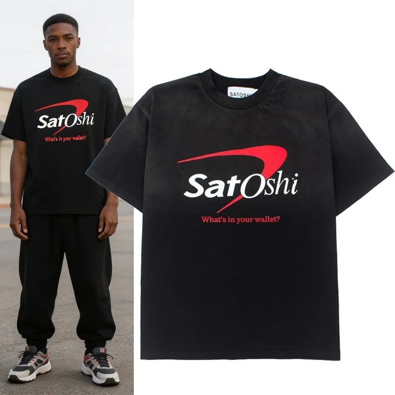 Satoshi Nakamoto letter-printed crew-neck washed and distressed loose-fitting short-sleeved T-shirt for men and women