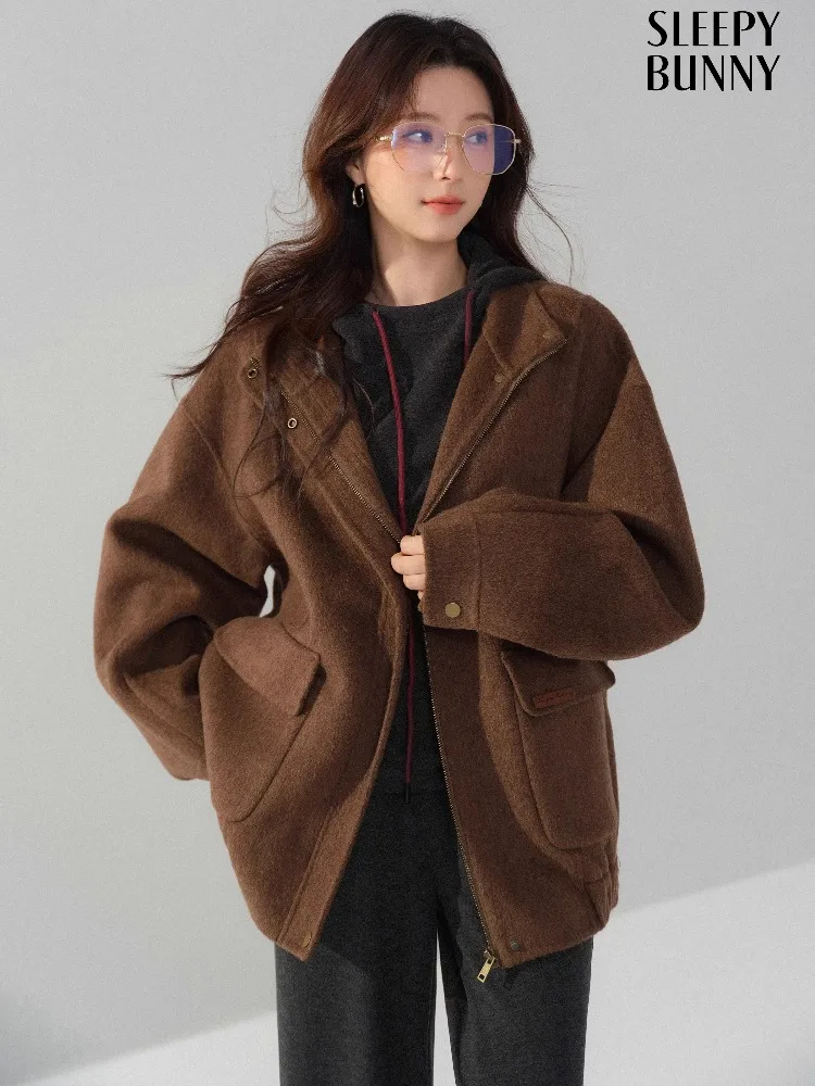 

Wool-Like Double-Faced Short Coat for Women High Neck Zip Jacket Maillard Brown Cropped Outerwear Winter Warm Minimalist Fashion