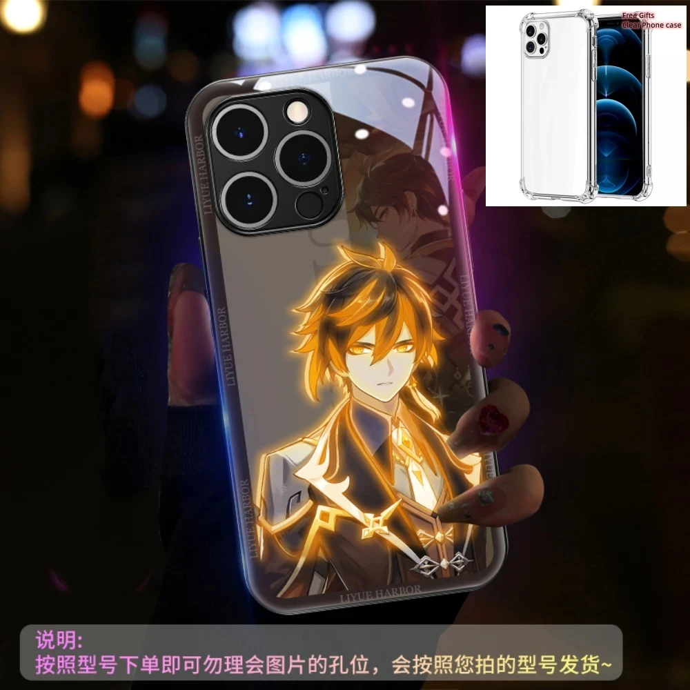 For Genshin Impact Design Case For iPhone 15 14 13 12 11 Pro Max X XS XR SE2020 6 7 8 Plus LED Smart Control Protective Cover