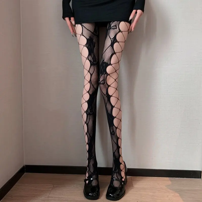 Sexy Hollow out Cross Side Mesh Stockings Women's Elastic Pantyhose Black Pure Desire Spicy Girl Ins Side Grid Fishnet Tights