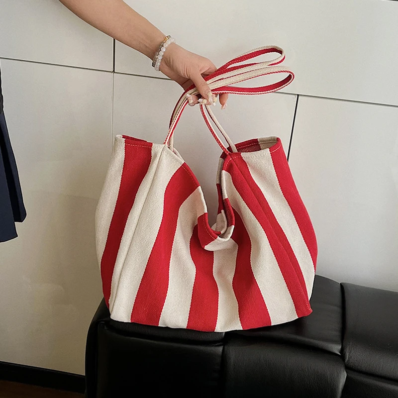 Sommerliche gestreifte Canvas-Tragetasche für Damen, lässig, große Kapazität, einfache Umhängetaschen, Einkaufshandtasche, tägliche Tragetasche – Detail 13