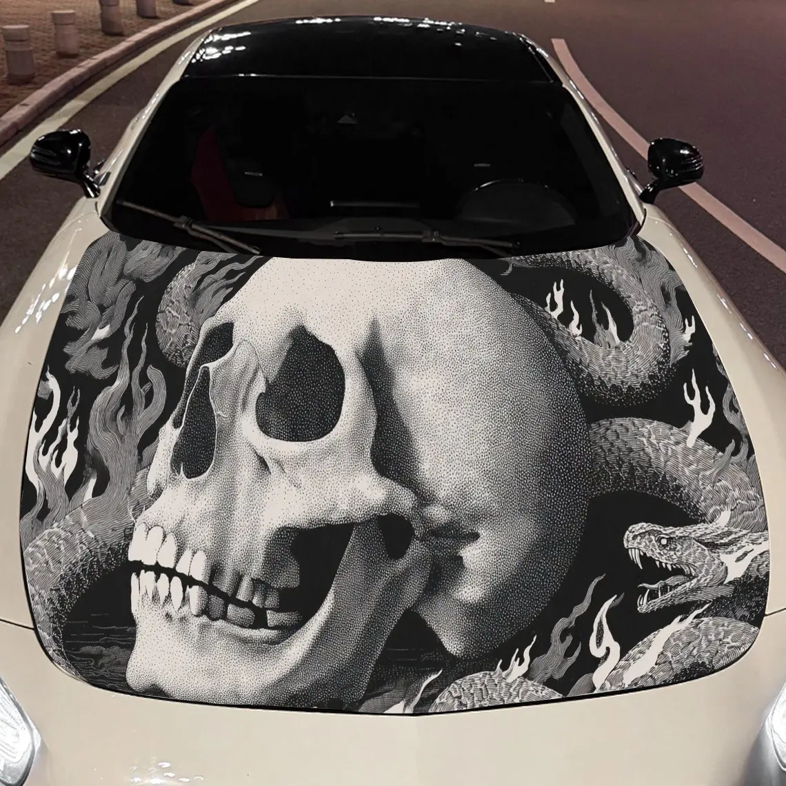 Skull Fierc Snake Car Hood Sticker PVC Self Waterproof Stick,Striking Auto Exterior Accessories Decor Protect Gift for Car Lover