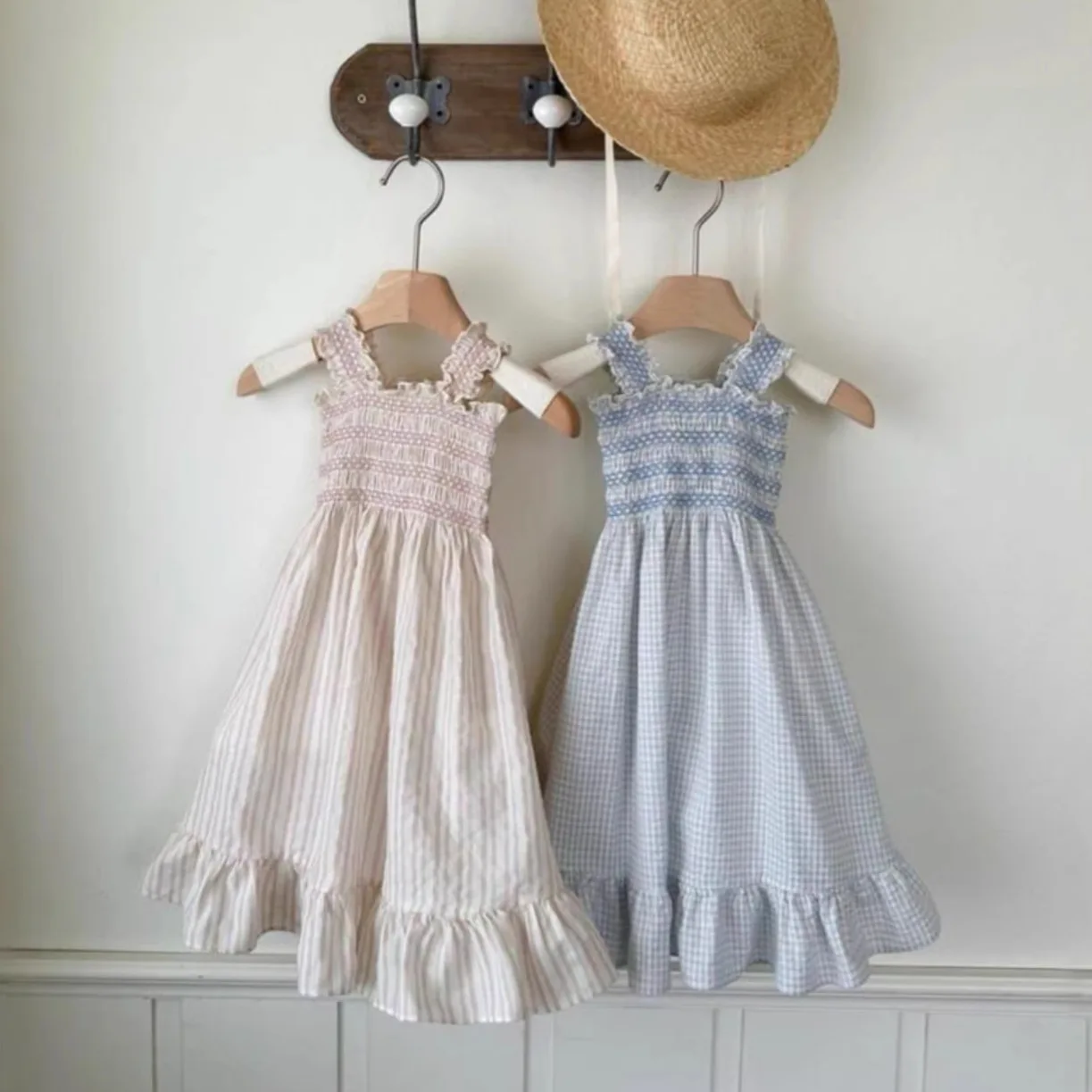 2026 Summer New Baby Girl Sleeveless Sling Dress Kids Girls Plaid Striped Casual Dress Infant Loose Cotton Princess Dress