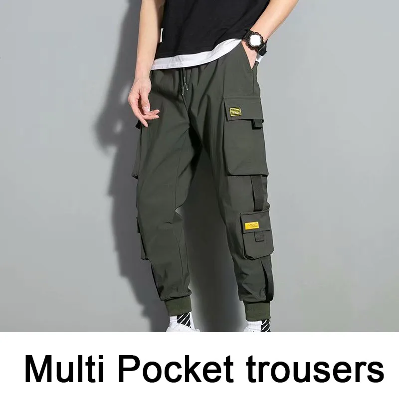 Calça multibolso para homens, calça elástica na cintura, calça casual harém, streetwear hip hop, moletom lápis, corredores techwear