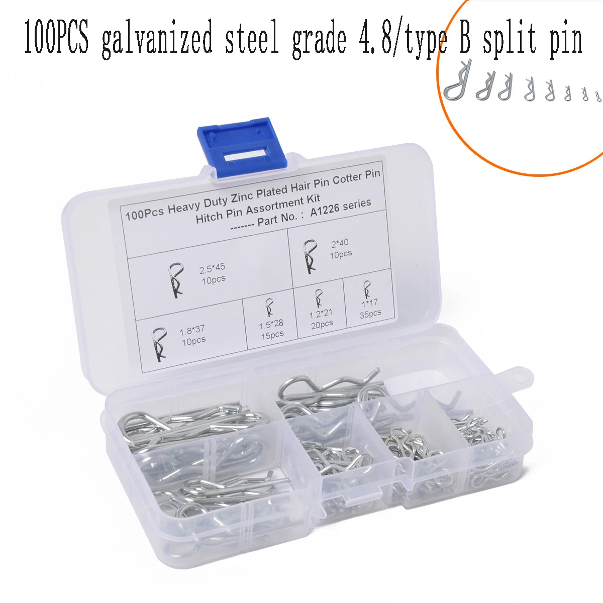 100PCS Carbon Steel Zinc Plated R Type Wave Clip Cotter Hitch Pin Clips Fastener Hairpin Assortment Kit for Tractor Cars Trucks