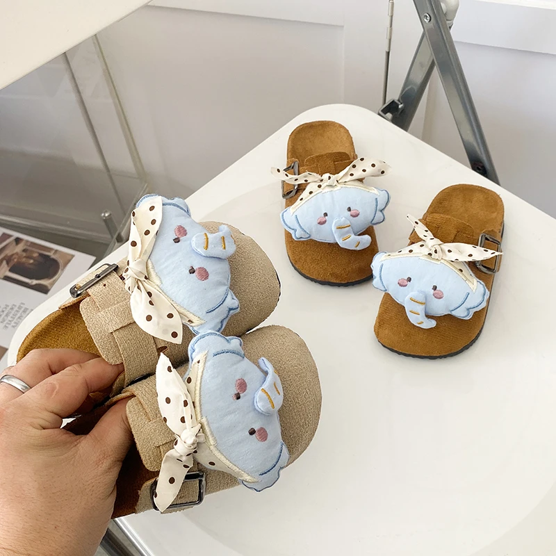 Cute Children's Outdoor Slippers Cartoon Elephant Toddler Boys Girls Suede Mules Retro Soft Non-slip Causal Kids Flat Slippers