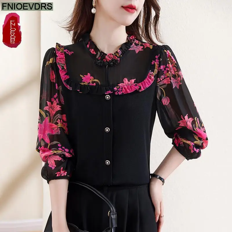 Retro Vintage Ruffles Tops New Design Women Autumn 2024 Fashion Office Lady Elegant Purple Button Basic Shirts Blouses