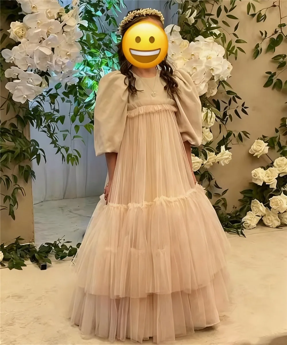 فستان فتاة الزهور مخصص لحفلات الزفاف مطوي تول منتفخ نصف كم فستان حفلة عيد ميلاد للأطفال أول مناولة #3