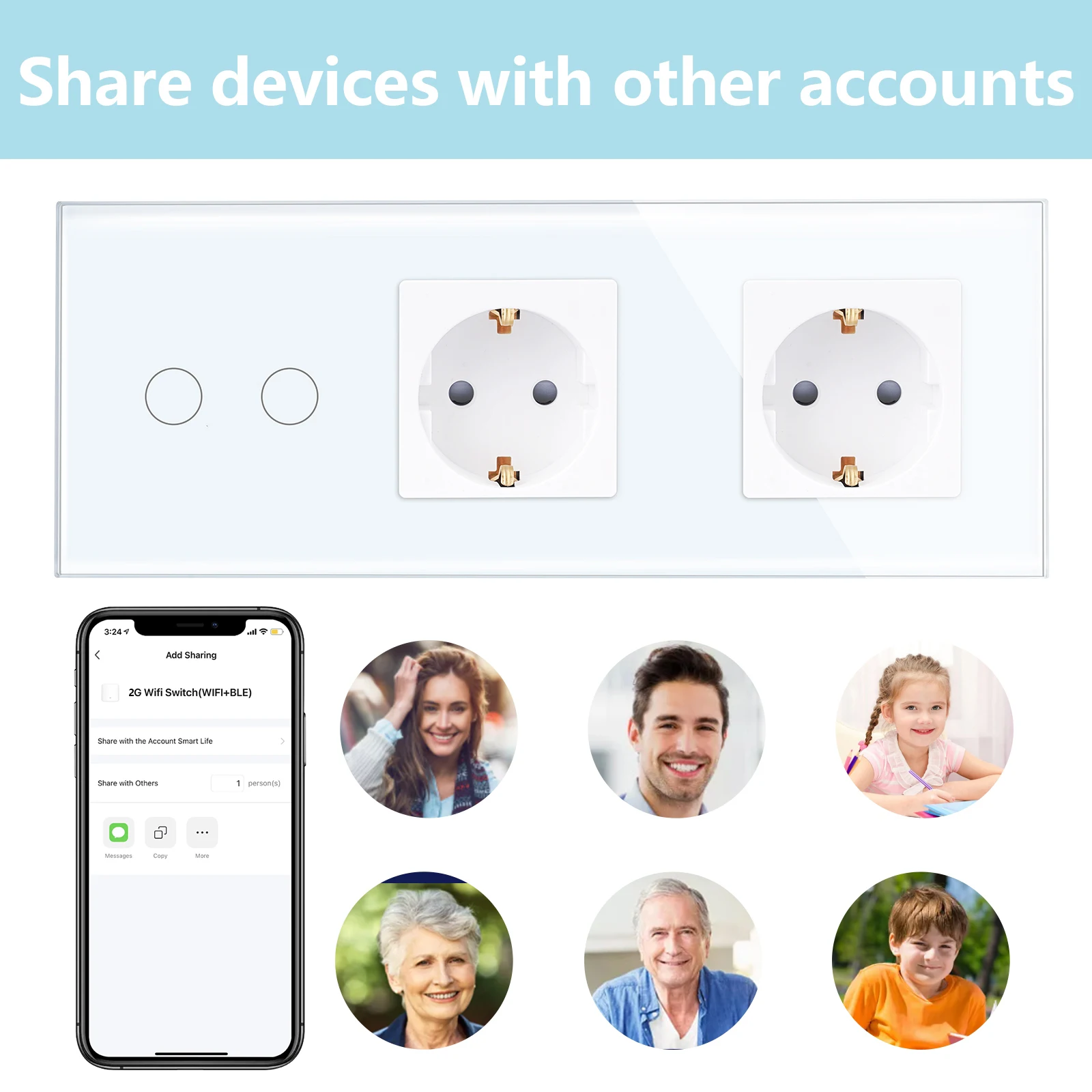Normal Socket With WiFi Light Switch, Work With Alexa Tuya, Glass Touch Screen,2x1Way, 16A Double Socket, Neutral Line Required