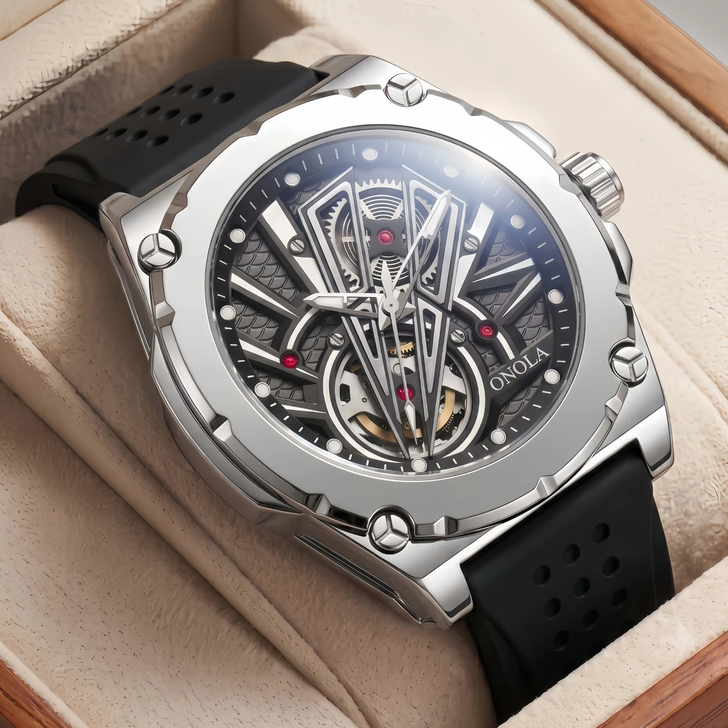 ONOLA 3882 New Design Automatic Movement Full Skeleton Gear Dial Breathable Perforated Silicone Strap Mechanical Watch for Man