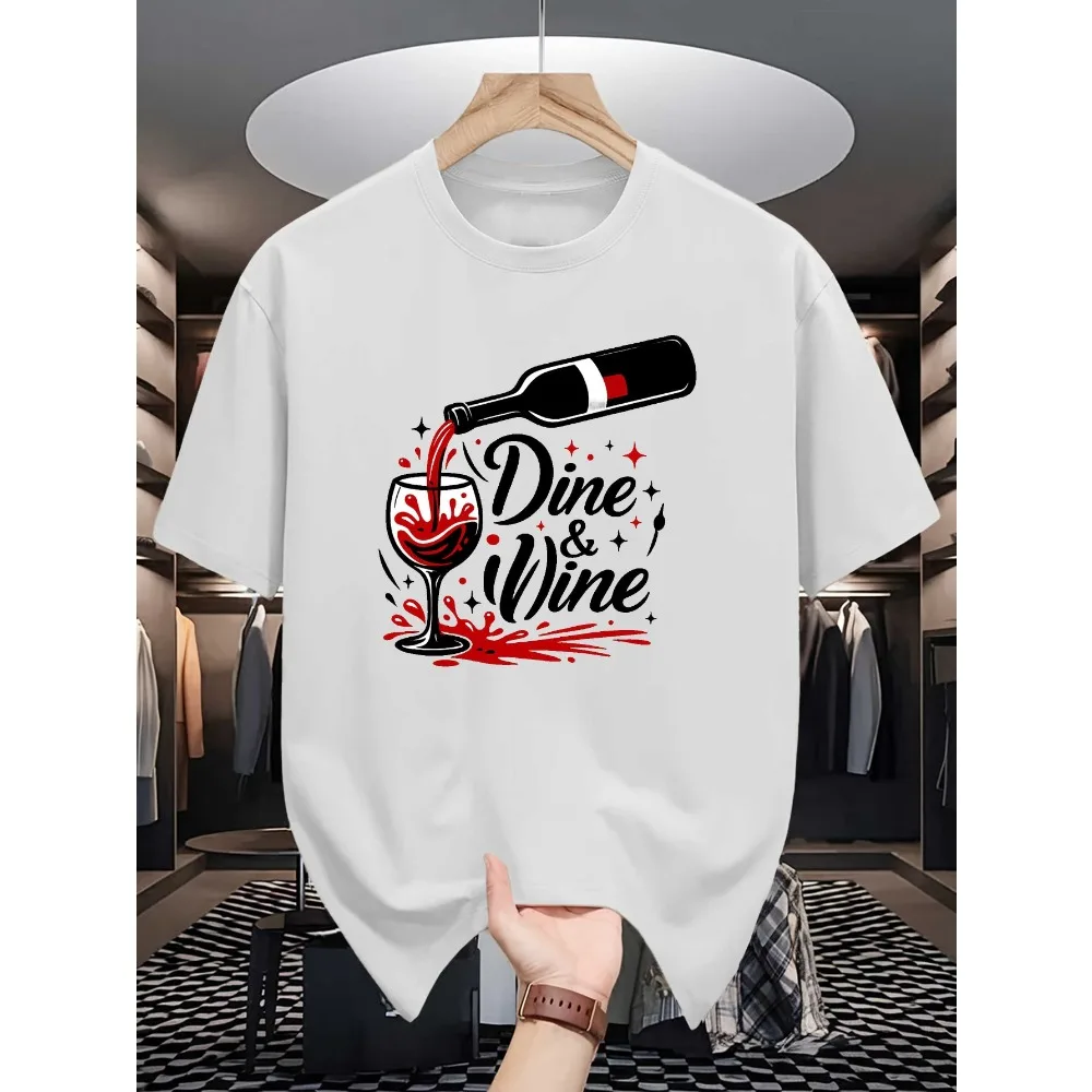 Mens Dine And Wine Red Wine Bottle Glass Graphic Tee Dinner Theme Print O Neck Short Sleeve Cotton Tops For Wine Enthusiast Men