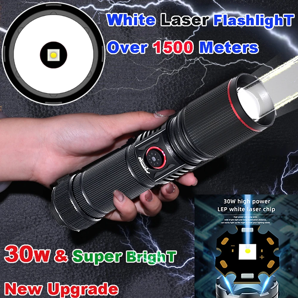 30W Zoom Round Beam Light High Power flashlight Type-c USB Rechargeable Torch Camping Outdoo Fishing Walking Lighting Lamp