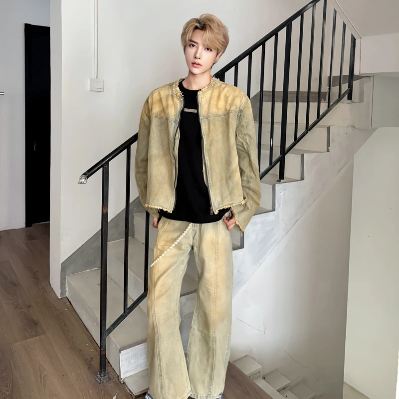 WTHT Fashion New Men's Suit Gradient Do Old Patchwor Denim Coats High-waisted Wide Leg Jeans Set Male 2025 Autumn 2A2126