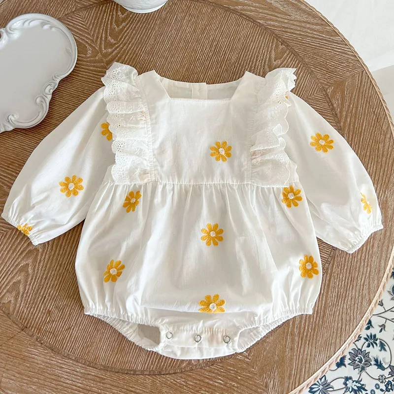 

Newborn Baby Girls Jumpsuit Flower Embroidery Cotton Long Sleeve Toddler Baby Girls Bodysuits Spring Autumn Baby Girls Clothes