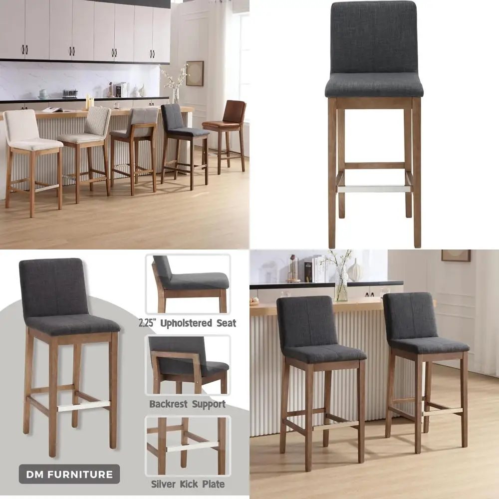 

2 Linen Upholstered Bar Stools with Back, 30 Inch Solid Wood, Charcoal for Kitchen Island or Dining