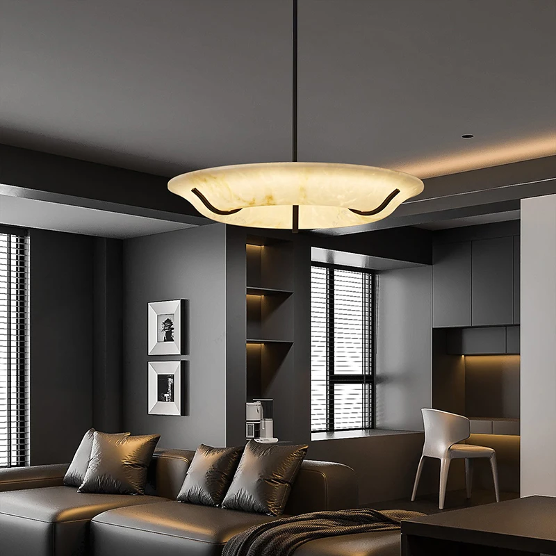 Round Artificial Marble Hanging Chandelier For Living Room Bedroom Saucer Shaped Modern Design Pendant Light Led Decoration Lamp