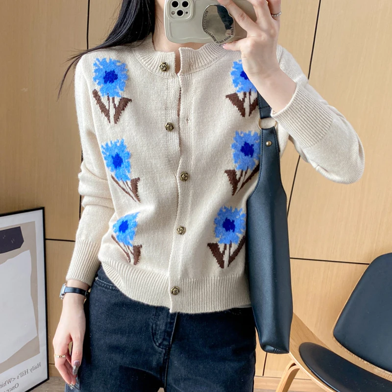 슬림핏 또는 니트 가디건 여성용 라운드 넥 싱글 버튼 가을 겨울 패션 다용도 면 폴리에스터 아우터웨어