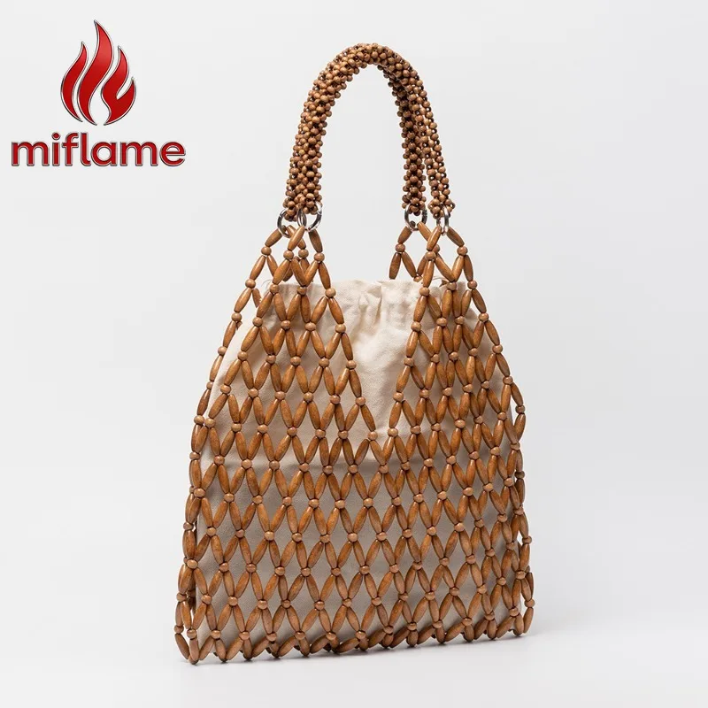 

Maple Wooden Bead Shoulder Bag for Beach Vacation Miflame Handmade Woven Bucket Tote Bag for Women Summer Travel Style