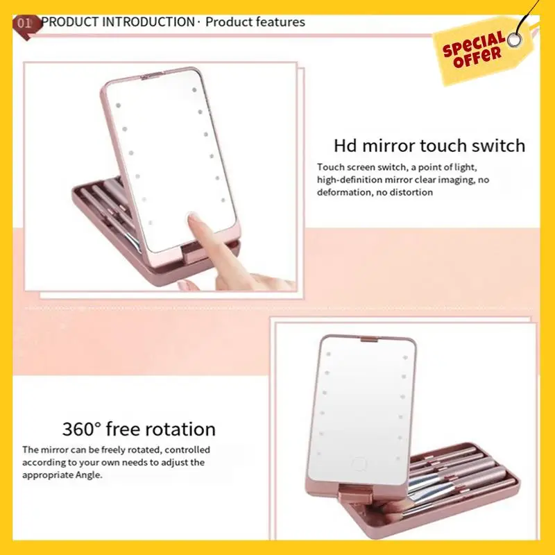 Portable Folding Mirror With 5 Brushes Storage Box LED Touch Portable One-Face Storage Box Makeup Mirror Pink