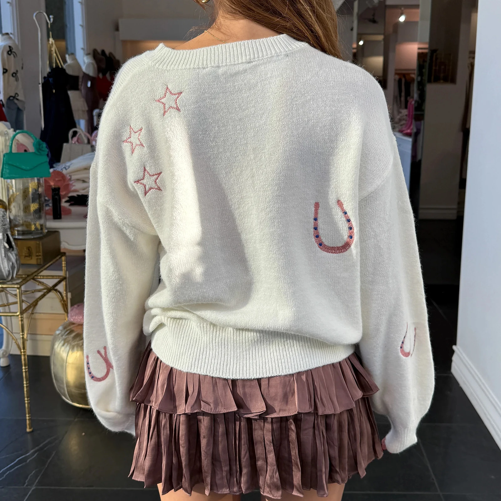 여성용 가을 루즈 스웨터 선인장 태양 자수 긴 소매 라운드 넥 니트웨어 풀오버