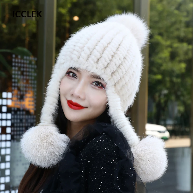 Winter Hats For Ladies Russian Winter Women Mink Fur CapsThickened warm Fox Fur Pompoms Ear Protection Beanie Woven Hat