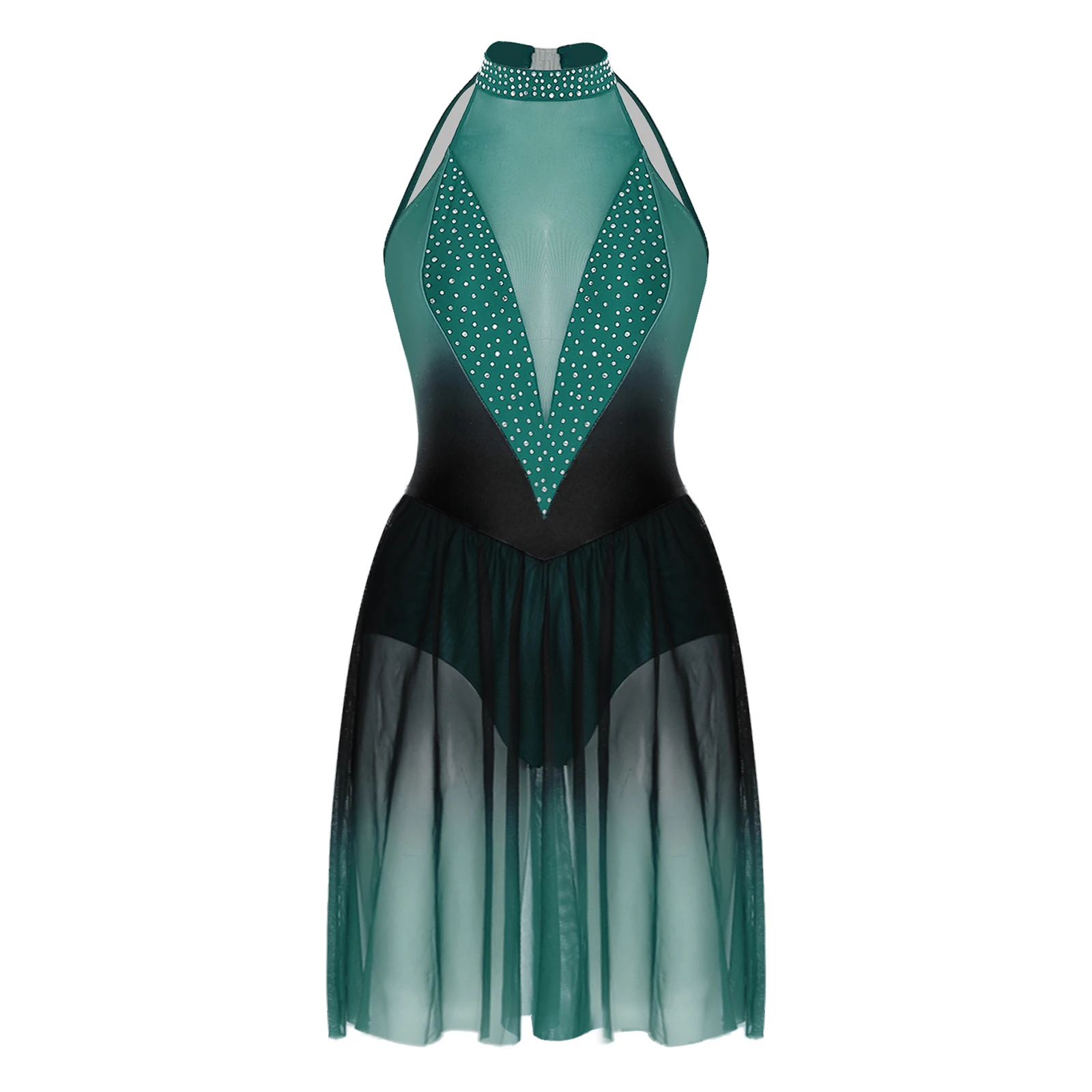 Vrouwen Glanzende Steentjes Kunstschaatsen Ritmische Gymnastiek Kostuum Halter Sheer Mesh Moderne Lyrische Dans Jurk Ballet Maillots