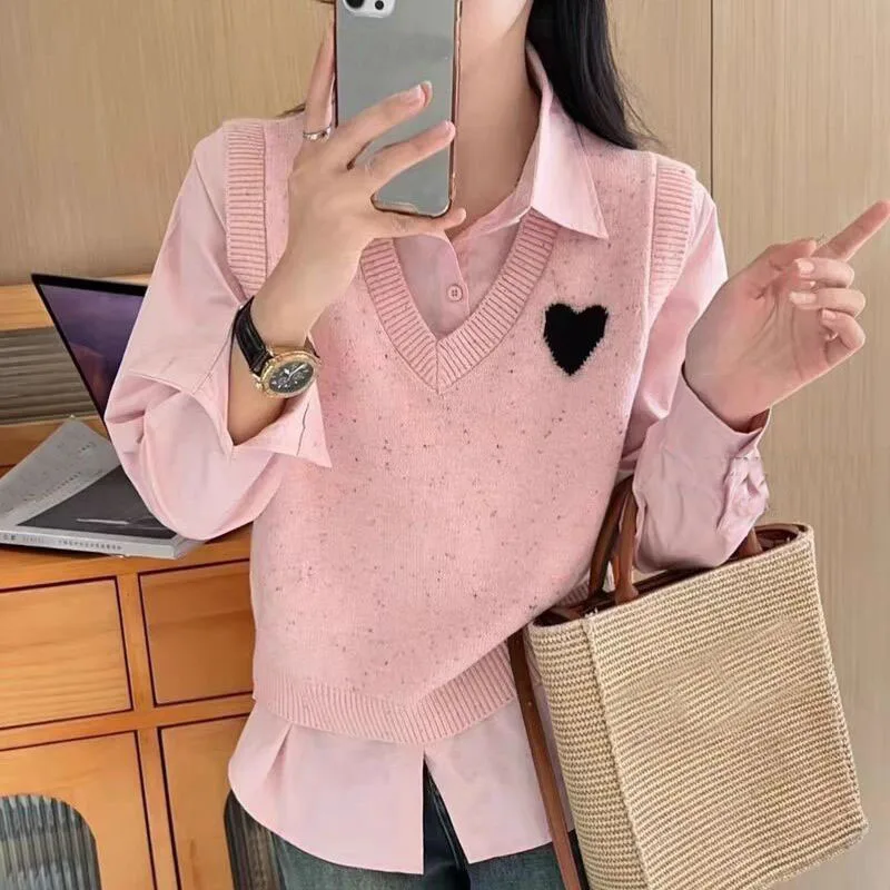 Spring and Autumn Sweet Wind Women's Love Jacquard Knitted Vest Early Spring Base Shirt Pink Shirt