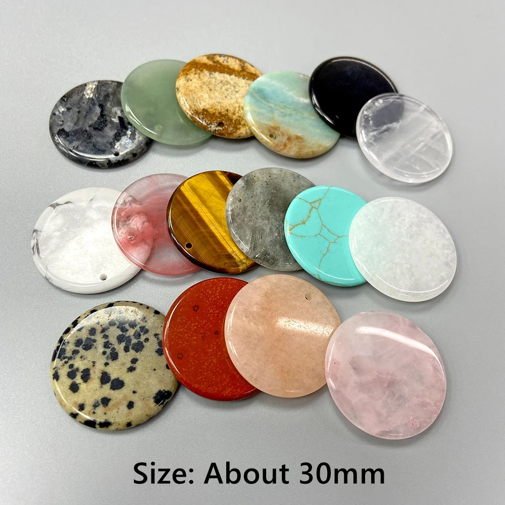 30mm Natural Stone Flat Round Stone Pendant Clear Crystals Obsidian Pendant Healing Reiki Yoga Pendant Charms for Jewelry Making