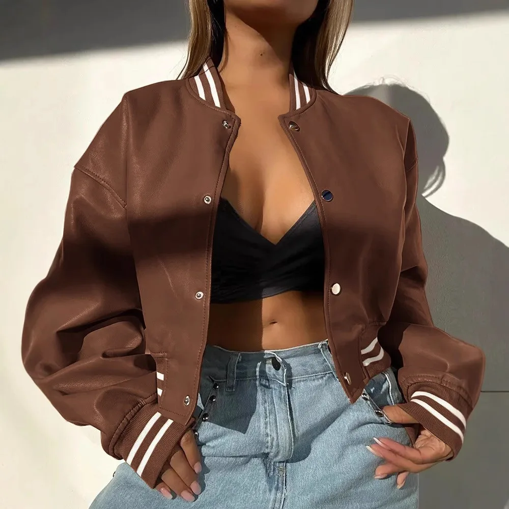 Vestes en Pu imprimées pour femmes, manteaux à simple boutonnage, manteau en Faux cuir, col montant, manches longues, Streetwear élégant pour dames, automne