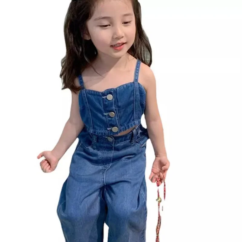 Kinder Denim Pak Zomer Girls 'Sling Shirt + Wijde Pijpen Broek Tweedelige Set3-8One-Piece Levering Voor Een Jaar Oud