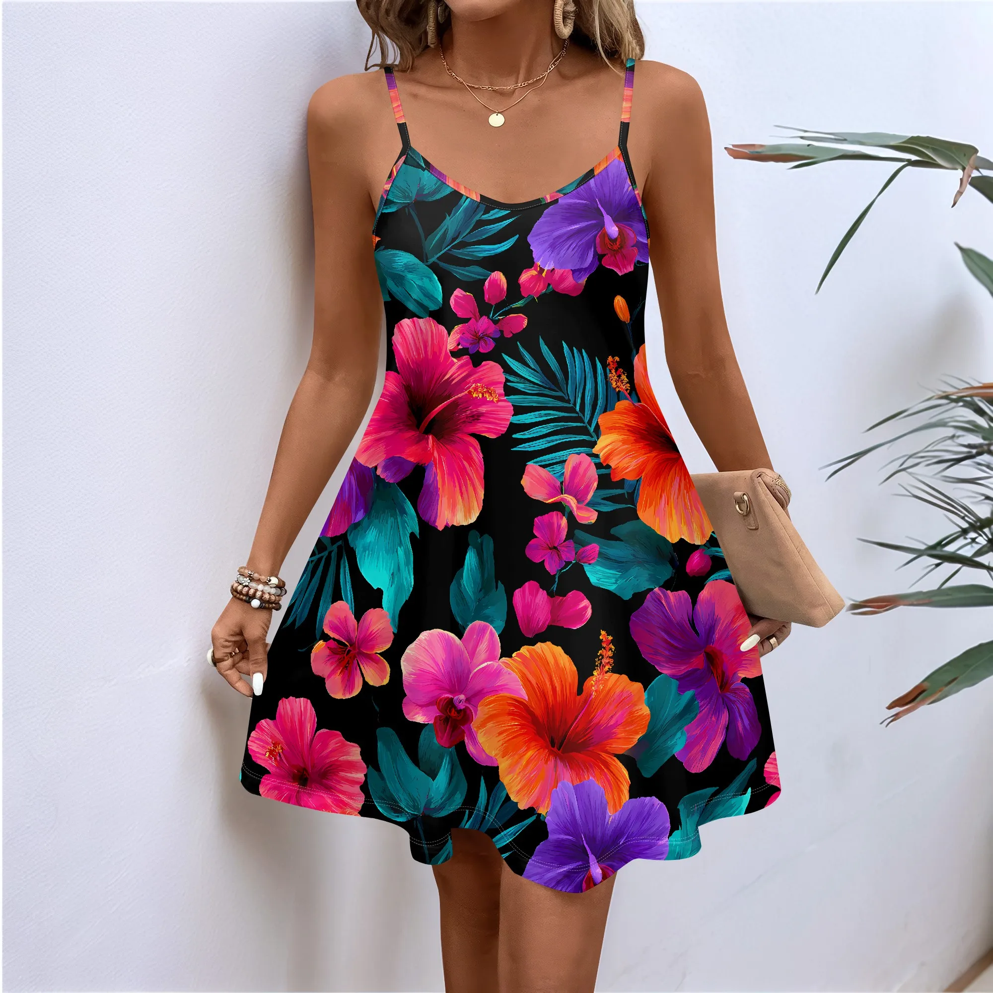 Floral Print Cami Dress, Tropical Hibiscus Summer Sundress, Black Beach Vacation Mini Dress, Party Clubwear XS-2XL
