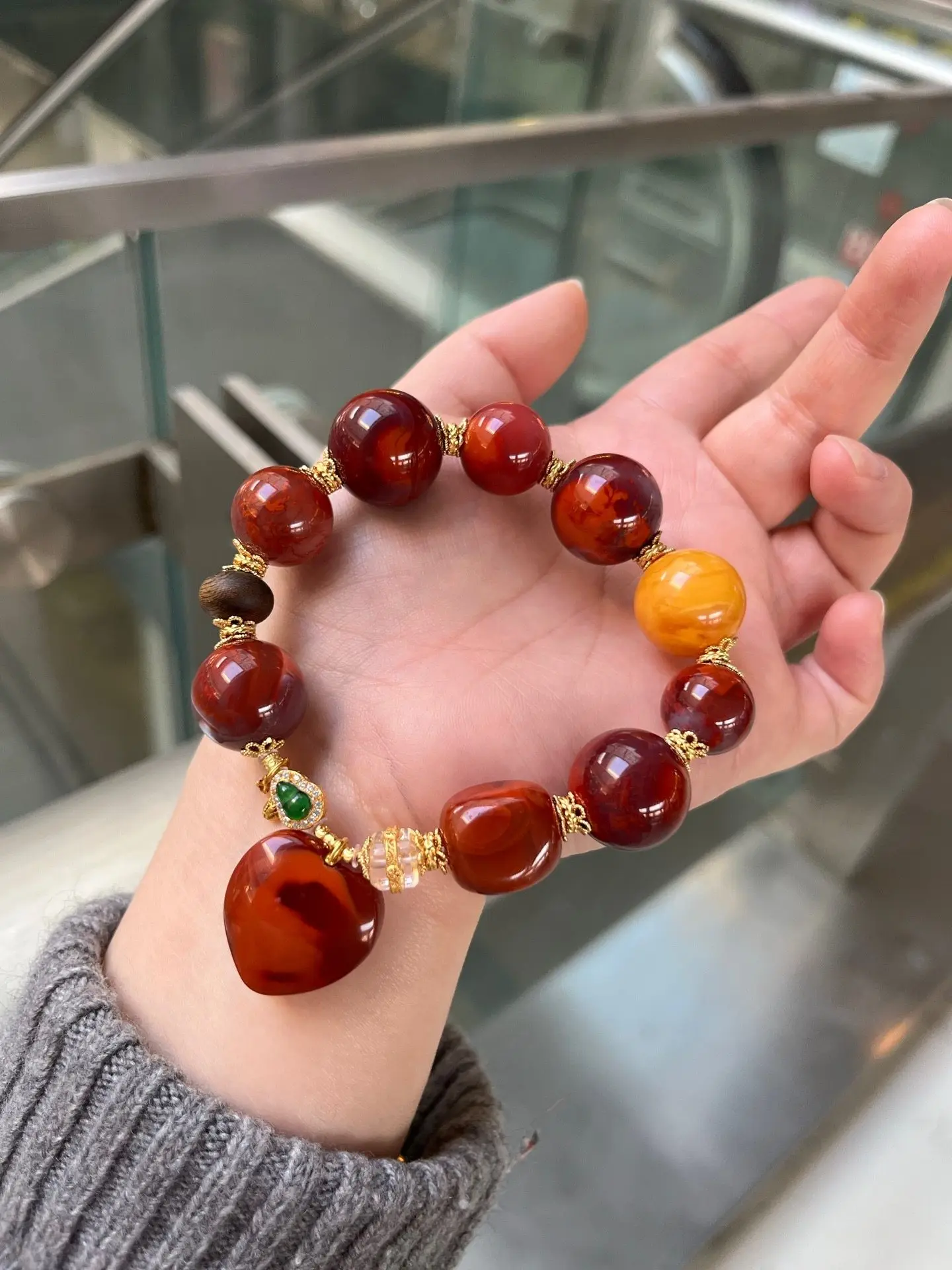 Natural Red Agate Flame Pattern Bracelet, 18K Gold Heart Clasp, Amber Agarwood 925 Silver, Gemstone Jewelry Gift