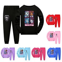 Monster High Pijamas Kids Cartoon Pajama Sets Toddler Boys Daily Sleepwear Baby Girls Long Sleeve T Shirt+Shorts 2pcs Set