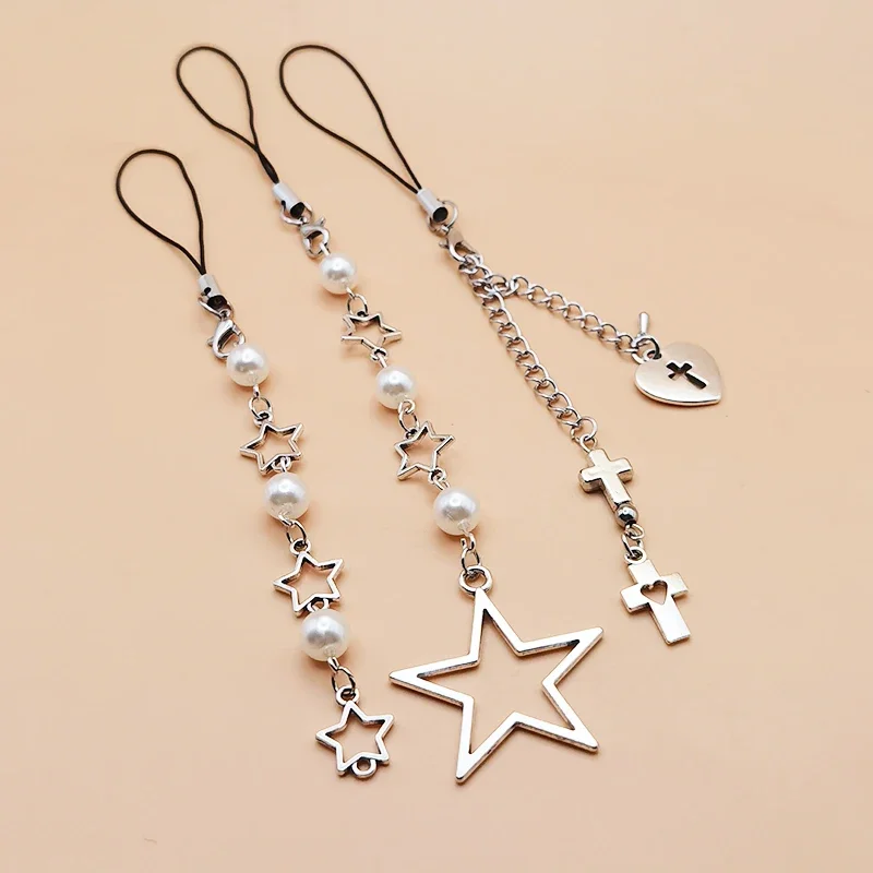 Original DIY Handmade Cute Phone Charms Y2K Women Pendant Kawaii Keychain Strap Lanyard With Star Bead Bear Cartoon Accessories