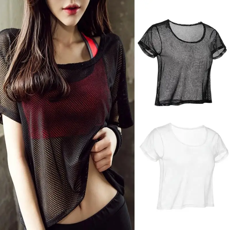Women's Mesh Yoga Shirt Sexy Short Sleeve T-Shirt Sport Top Blouse Cover Up Quick Dry Gym Clothes Running Fitness Tank Sportwear