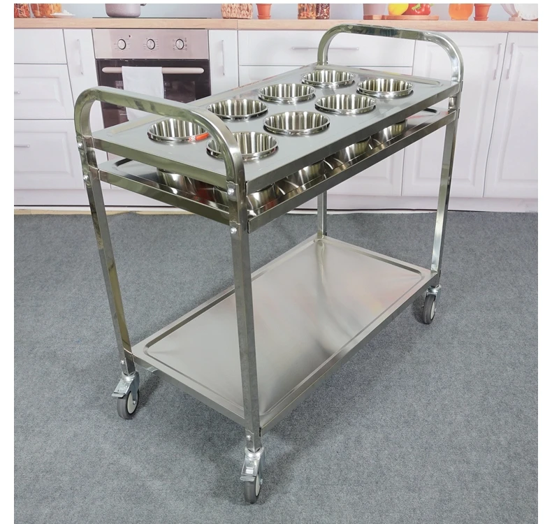 Stainless steel two-layer mobile seasoning truck, commercial self-service hot pot seasoning platform, thickened kitchen handcart