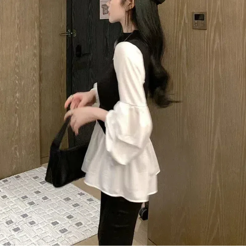 2024 Women\'s Spring Autumn New Splicing Slim Knitted Half High Collar Lantern Sleeve Folds Fashion Solid Casual Long Sleeve Tops