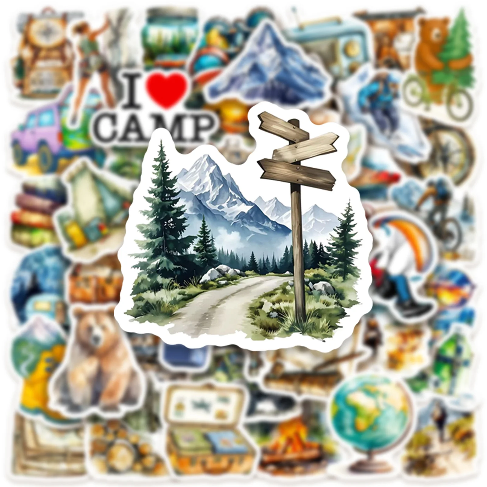 10/50 قطعة ملصقات الكرتون السفر التخييم في الهواء الطلق الكتابة على الجدران مضحك الأنشطة في الهواء الطلق DIY بها بنفسك الاطفال اللعب المحمول الغيتار سيارة الدراجة الشارات